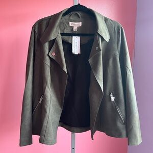 NWT Philosophy Soft Faux Suede Olive Green Moto Jacket 1X